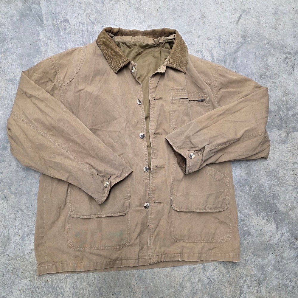 Vintage Mens Tan‎ Workwear Chore Jacket Corduroy Collar Quilted Lined Distressed